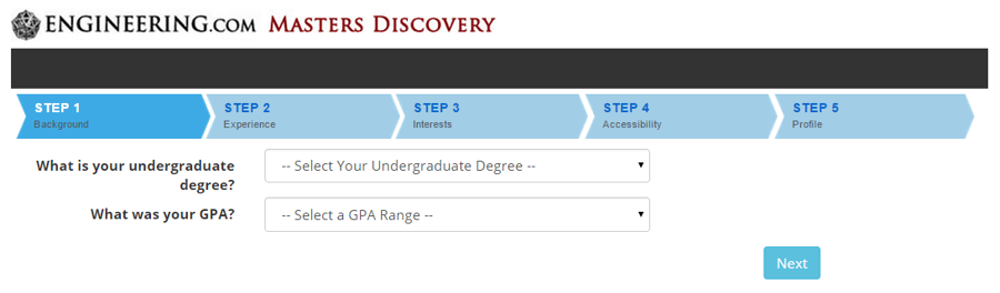 Screenshot of what ENGINEERING.com's Masters Degree Discovery Tool looks like